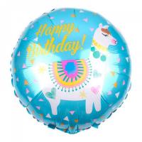 Шар круглый Лама Happy Birthday голубой