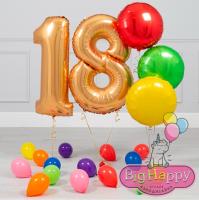 Фольгированные шары-цифры на совершеннолетие, 3 круглых шара и 15 латексных, золотые для юноши