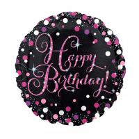 Шар голограма розово-белый горошек Happy Birthday